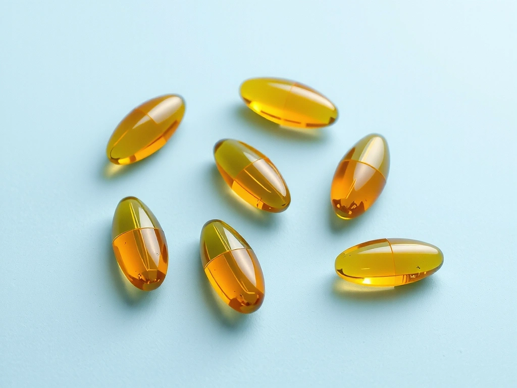 Capsules d'oméga-3 en forme de poisson sur une surface bleutée