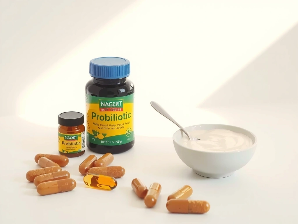 Diverses gélules de probiotiques et un yaourt nature