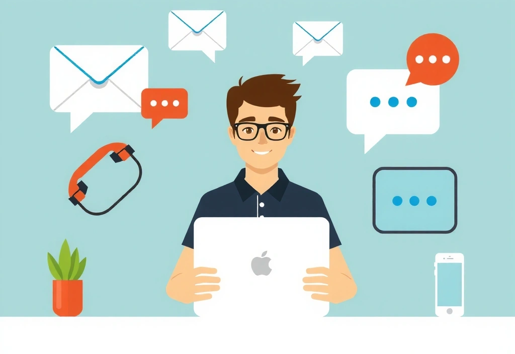 Une illustration moderne d'une personne travaillant sur un ordinateur portable, entourée d'icônes de communication comme des enveloppes, des téléphones et des bulles de discussion.