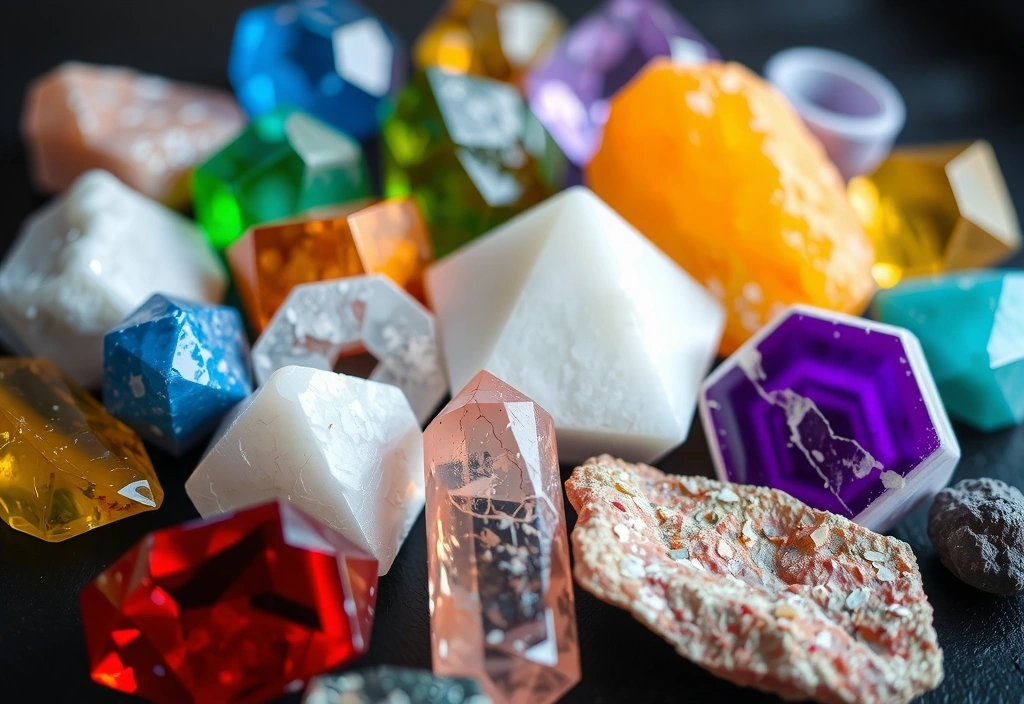 Gros plan sur divers cristaux de minéraux aux couleurs variées, symbolisant la richesse et la diversité des éléments essentiels pour le corps humain.