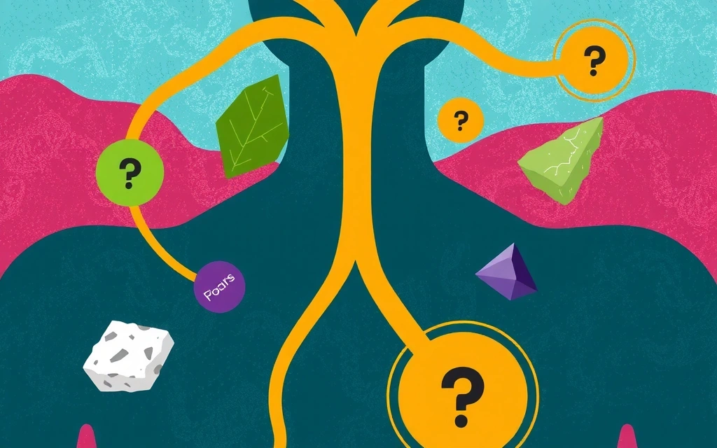 Illustration abstraite du système endocrinien avec des symboles de minéraux flottant autour des glandes.