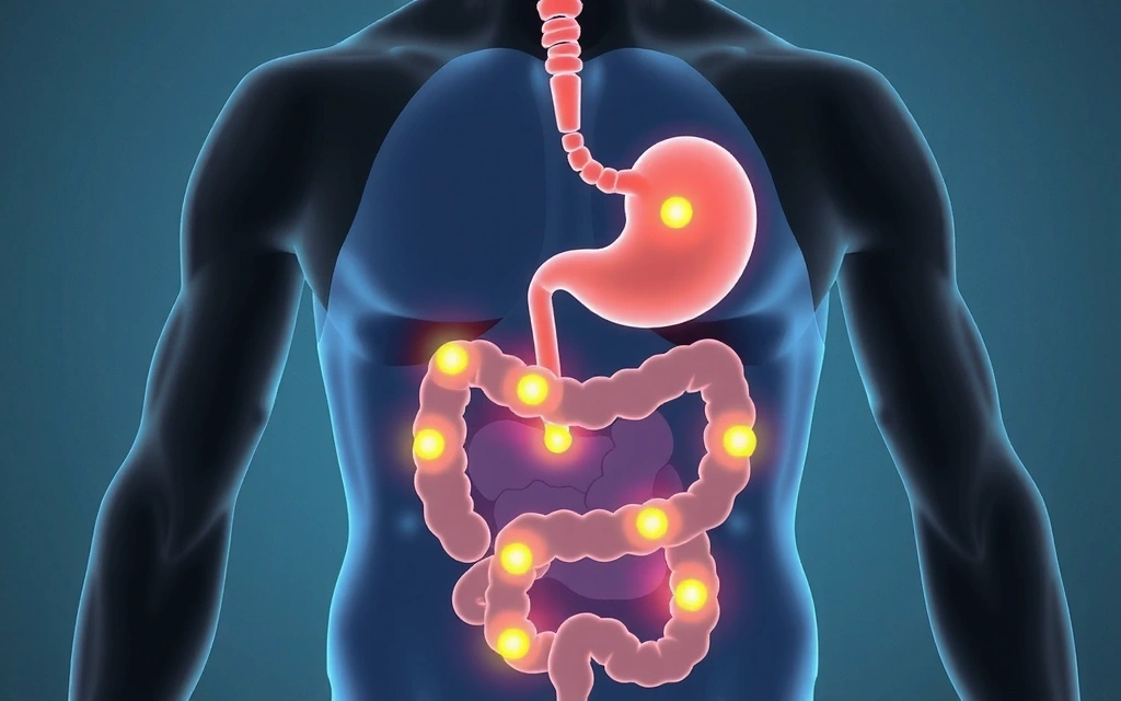 Illustration stylisée du système digestif humain avec des points lumineux représentant les minéraux en action.