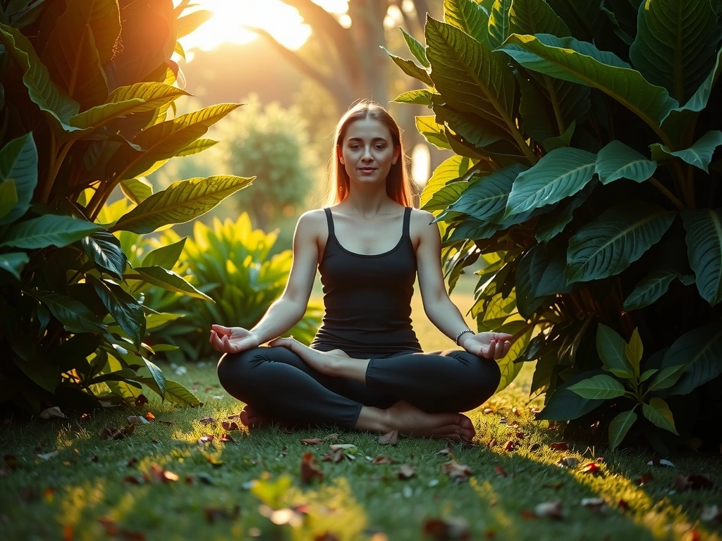 Une personne souriante pratiquant la méditation dans un environnement calme et verdoyant, symbolisant la gestion du stress et la paix intérieure.