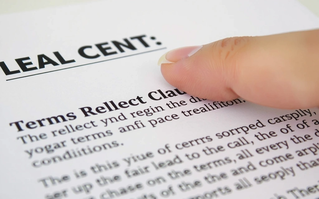 Gros plan sur un document juridique flou avec un doigt pointant des clauses importantes, symbolisant la lecture des termes et conditions.