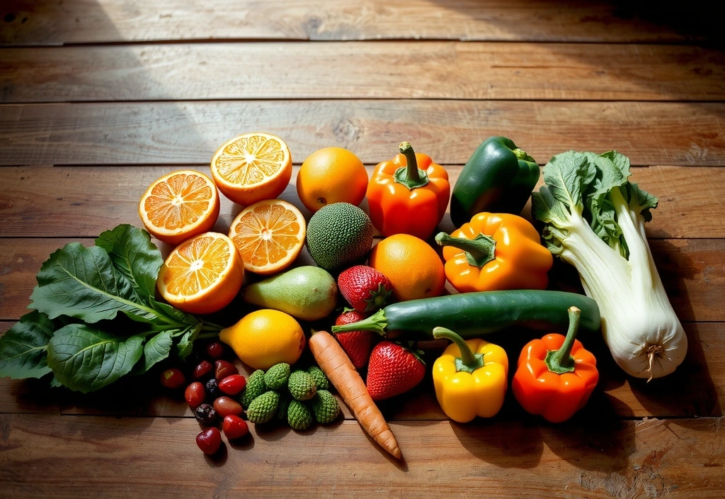 Assortiment de fruits et légumes frais et colorés, symbolisant les sources naturelles de vitamines.